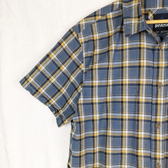 Prana Plaid Button Front Shirt Large Blue Gold - Picture 5 of 11